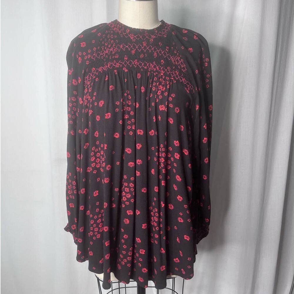 Free People Flowers in Her Hair Smocked Mock Neck Long Sleeve Blouse Small